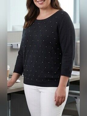 Elle Crew Neck Pearl Sweater 3/4 Sleeves  Cotton/Viscose Business/Office XL